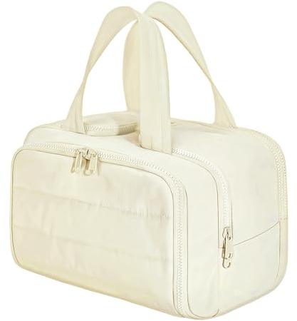Kulturtasche Damen, Leichte Große Kosmetiktasche Weit Offene Kulturbeutel, Make up Tasche Schminktasch mit Griff, für Zubehör, Essentials, Toilettenartikel (Beige)