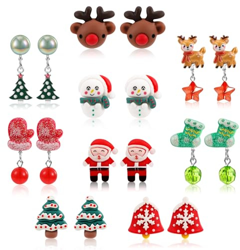 9 Paar Weihnachten Clip Ohrringe Ohrclips Weihnachten für Mädchen Weihnachts Ohrringe Ohne Ohrlöcher mit Motiven vom Weihnachtsmann Weihnachtsbaum Schneemann Elch Weihnachtsgeschenke für Mädchen