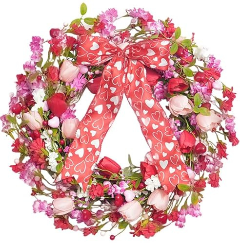 CIR OASES 22 Inch Spring Wreath with Red Heart Ribbon Bow - Artificial Pink Red Rose Tulip Wreath for Front Door, Wall Fireplace Window Decor, Valentine's Party Decoration