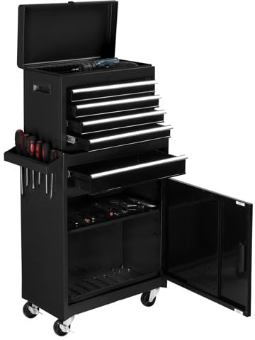 Bonnlo 2 in 1 Werkstattwagen mit 1 verstellbare Schrank & 5 Schubladen,Werkzeugwagen mit seitliche Werkzeugablage,Schnalle, Griff, Schubladensperrstange, Werkstattschrank 58x33.5x70 cm, Schwarz