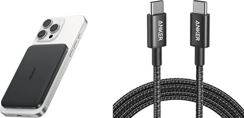 Anker Nano Power Bank&USB C Charger Cable (6ft/1.8m Nylon 100W), Ultra-Slim 5,000mAh Magnetic Battery Pack, Qi2 Certified 15W Max Ultra-Fast MagSafe-Compatible Portable Charger, for iPhone Air/17/16