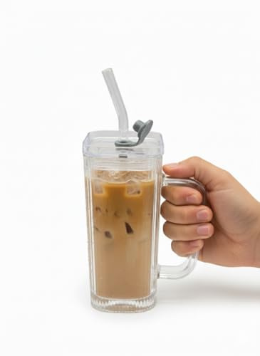 Oceano Tazza in Vetro Trasparente 400ml con Coperchio e Cannuccia Mug con Design a Costine Ideale per Caffè Freddo Bubble Tea Succhi e Cocktail Design Elegante e Moderno