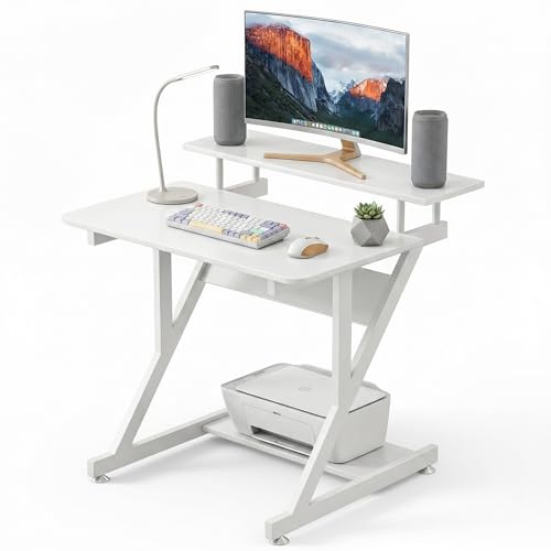 JANDTEK Escritorio Pequeño con Estante Superior 70 x 40 cm, Mesa Escritorio Blanca o Roble para Ordenador, Mesa de Trabajo Compacta para Estudio, Oficina y Habitación (Blanco)