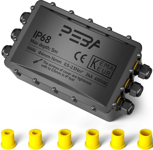 PEBA Abzweigdose Wasserdicht IP68, Großer Verteilerdose Aufputz 295x165x115 mm, M25 Kabelverschraubung für 4-14 mm Kabel, Kabelverteiler Wasserdicht, Outdoor Garten Erdkabel Abzweigdose schwarz 6 Wege