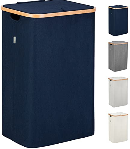 LONBET 100L Laundry Basket with Lid and Sturdy Bamboo Frame - Aesthetic Laundry Hamper with Side Handles and Made from Breathable Fabric - Laundry Bin with Removable Bag, Clothes Basket Blue