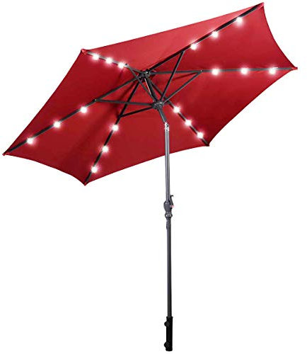 DREAMADE Parasol Inclinable de Jardin en Fer et Polyester 2,7M avec Manivelle Rotative 18 Lampes à LED Panneau Solaire de 1,5W Rouge Vineux Beige Brun (Rouge Vineux)