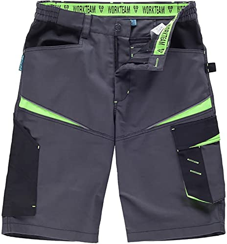 Workteam Pantalón Corto de Trabajo, Tejido Canvas (Extremadamente Resistente y Duradero). Elástico en la Cintura. Unisex Gris Oscuro+Negro+Verde Lima M