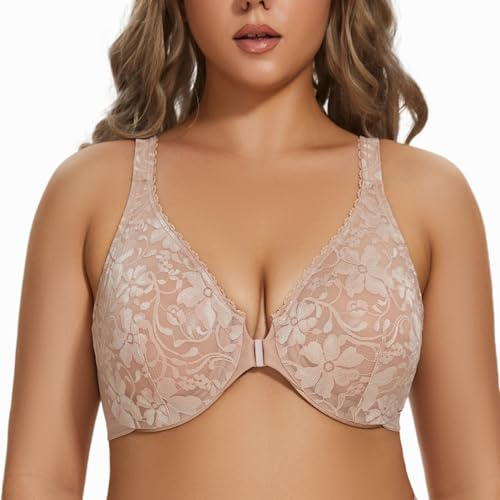 MELENECA Women's Front Fastening Underwire Plus Size Racerback Non Padded Sexy Lace Bra
