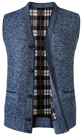 Yukirtiq Hommes Pulls et Gilets sans Manche Extérieur en Col à V Tricoté Chandail Doublure Polaire Gilets Cardigan Veste sans Manche Tricotée, Bleu, L