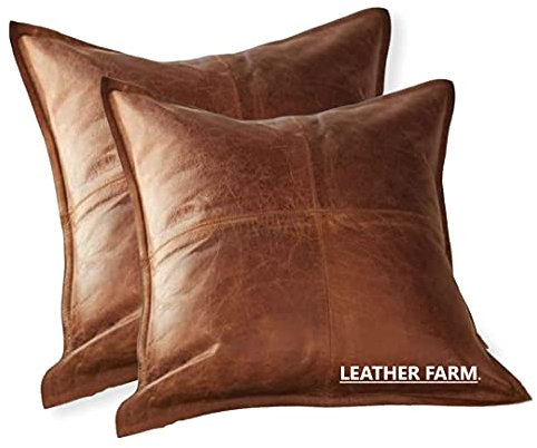 LEATHER FARM Quadratischer Leder-Kissenbezug für Couch, Überwurf-Kissenbezug, Leder-Kissenbezug, 40,6 x 40,6 cm, 2 Stück