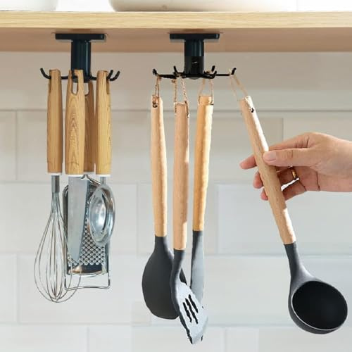 Koksi Utensil Holder Hook, Self Adhesive Kitchen Hanger Storage Oganiser Hook Under Cabinet Rotatable Hooks Holder for Utensil, Towel, Spoon, Ladle with 6 Hooks (White)