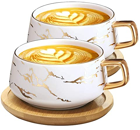 VETIN Tazze da cappuccino con piattino, tazza in marmo, tazzine da caffè in porcellana da 300 ml per tè caffè cappuccino, tazze da caffè con disco in legno (Bianco*2)