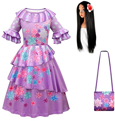 Eleasica Fille Isabela Déguisement Encanto Sac Enfant Robe de Princesse Costume Noël Cadeau Anniversaire Manches Courtes Cosplay Halloween Carnaval Mascarade Fancy Dress,Violet+sac+perruque,120