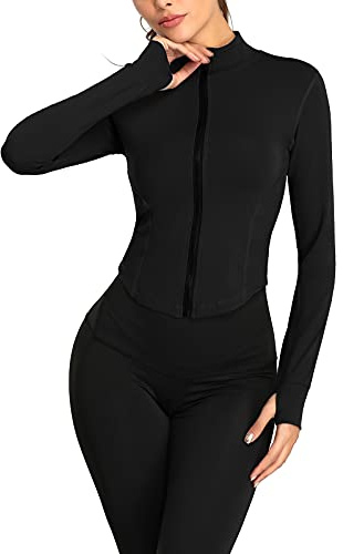 SEAUR Femme Veste de Sport Manche Longue Vêtements de Sport Femme pour Gym Course Yoga Pilates Haut de Yoga avec Pouce des Trous Noir - M