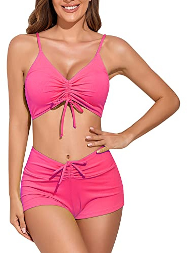 meioro Solid Swimsuit for Women Tie Front Shorts Bikini Two Piece Swimwear | Athletic Bathing Suits, High Waist Swimming Suit with Bottom, Adjustable Strap, Removable Padded Women Bikinis Set