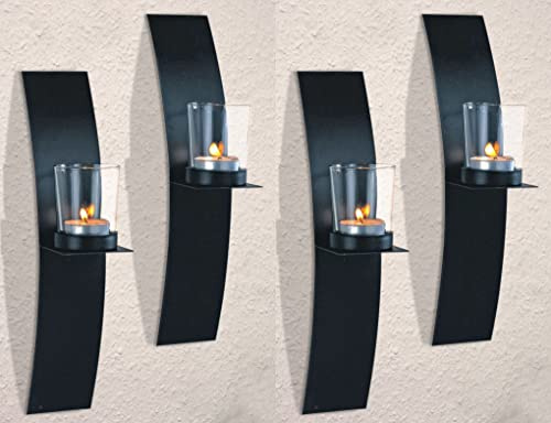 Novaliv 4X Wandkerzenhalter Vintage Metall mit Glas 29 x 10 x 6 cm Schwarz Kerzenhalter Wand Teelichterhalter Deko Wohnzimmer Dekoration Wanddeko Vintage Deko Teelicht Wandhalter
