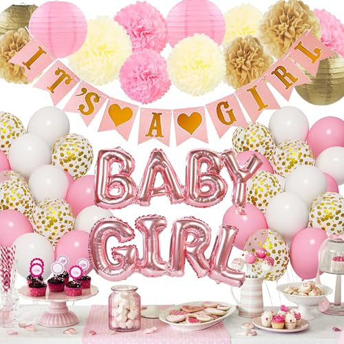Gender Reveal Baby Shower Babyparty Dekoration Luftballon Mädchen Rosa Weiß Luftballons mit Its a Girl Banner Baby Girl Folienballon für Babydusche Gender Reveal Party Deko