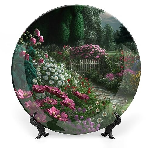 Decorative Plates, Fence with Colorful Flowers Garden Ceramic Dinner Plate Home Wobble-Plate with Display Stand, Wall Hanging Decor for Living Dining Room Kitchen Household 8 Inch