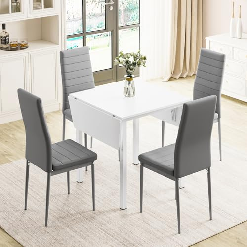 JEFFORDOUTLET Dining Table and Chairs Set of 4, Drop Leaf Folding Kitchen Table With Grey PU Leather High Back Chairs for Dining Room, Kitchen