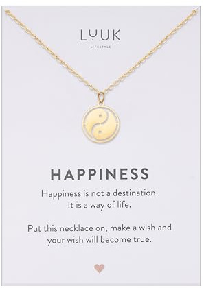 LUUK LIFESTYLE Feminine Halsketten aus Edelstahl mit schlichten Anhängern in zeitlosem Design, Glücksbringer, alltagstauglich und langlebig, HAPPINESS Spruchkarte, Geschenk, Silber, Gold, Roségold