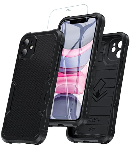 Hensinple Hülle für iPhone 11, Handyhülle iPhone 11 mit HD Displayschutz-Glas Stoßfest Militärstandard FallSchutz Robust Hülle iPhone 11 6,1 Zoll Stoßdämpfung an Vier Ecken iPhone 11 Case (Schwarz)