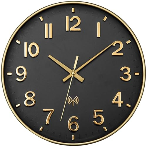 NESIFEE Wanduhr Funk Funkuhr Wand Lautlos Funkwanduhr Geräuschlos Gold 30cm | Groß Wanduhr Ohne TickgeräUsche Wandfunkuhr Moderne Design Wohnzimmeruhr Küchenuhren Deko Badezimmeruhr Wandfunkuhr