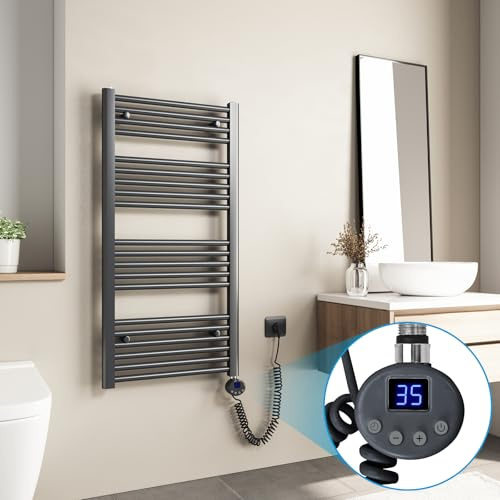Heilmetz Termoarredo Elettrico Bagno 1000x500mm Scaldasalviette Elettrico Bagno con Temperatura Regolabile, Termostato Intelligente, Radiatore Elettrico Basso Consumo da Parete Verticale, Antracite