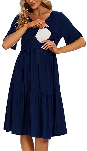 Smallshow Women's Maternity Nursing Dress Short Sleeve Ruffle Breastfeeding Clothes