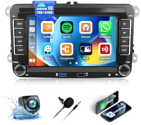 CAMECHO 2G+64G Android 13 Car Stereo for VW Polo Caddy Tiguan Transporter T5 Scirocco Golf Skoda Octavia with Wireless CarPlay Android Auto 7 Touch Screen Bluetooth Car Radio GPS FM Reversing Camera