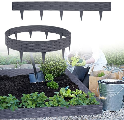 JOIEYOU Rasenkante Kunststoff Beetumrandungen Beetumrandung DIY Rattan-Optik Gartenpalisade für Dekoration Gartenzaun Gemüsegarten Rasen (10M, 10 Stücke Grau)