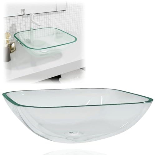Lavabo da Appoggio Trasparente, Lavabo in Vetro, 42 x 42 x 14 cm, Lavandino Bagno, Spessore del Vetro 1,2 cm, Diametro del Foro di Scarico 4,5 cm, Tipo di Installazione Sopra il Bancone, 345236