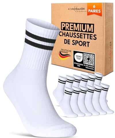 sockenkauf24 Calze Sportive Donna Calzini Tennis 6 Paia Spugna Rinforzati Crew Socks 70107T (Bianco Strisce 35-38)