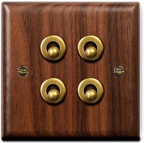 VDCVADKYE Interruptor de Palanca, Interruptor de Pared de 2 vías y 1 a 4 entradas, Tipo 86, con Palanca, Panel de Madera Maciza Antiguo, Interruptor de luz con Palanca de latón(4 Gang)