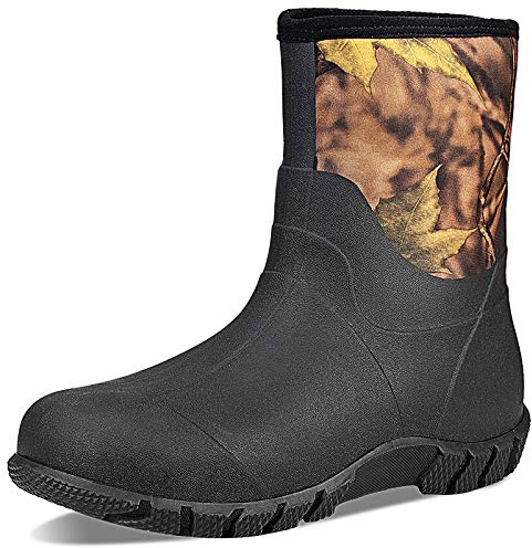 TENGTA Men's Wide Width Rubber Boots Womens Mid Calf Waterproof Mud Rain Boots for Hunting Farming Gardening Mud Working Black 7