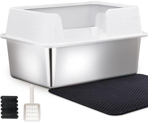 Vealind Stainless Steel Litter Box Metal Cat Litter Tray Heavy Duty, High Sided Cat Litter Tray with Detachable Rim Enclosure Sturdy Durable Large Kitty Litter Pan