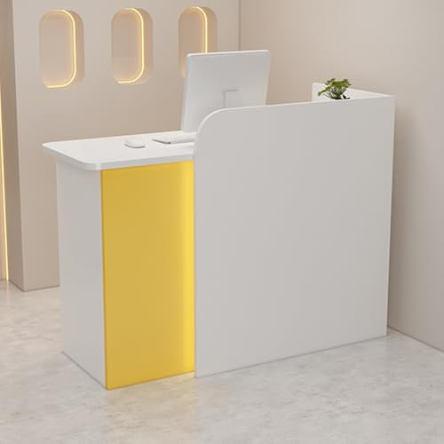 Moderner Empfangs-Schreibtisch mit abschließbarer Schublade, Verkaufsständer für Zuhause, Büro, Salon oder Lobby, Hostess-Ständer, mit Computer-Arbeitsplätzen und Sekretär-Schreibtisch, Weiß und Gelb