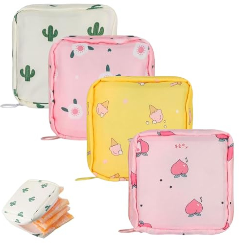 Sanitary Pad Storage Bag, Period Bag, 4 Pcs Portable Period Bag with Zipper for School, Period Products Tampon Holder, Cute Cotton Pad Storage Pouch for Girls and Women