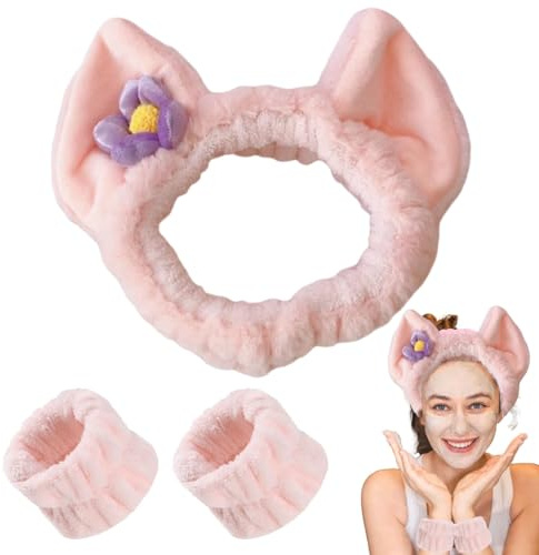 EIR Pack of 3 Spa Face Headband Wrist Wash Bands Set, Cosmetic Hair Band, Make-up Hair Band, Cute Fox Spa Hair Band, Gadgets for Women, Spa Headbands for Washing Face or Facial, pink, CM