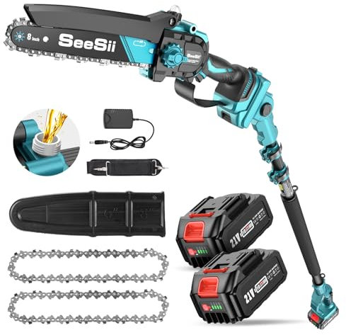 SEESII PS810 Motosega Telescopica a Batteria 8 Pollici & Mini Motosega, 2-in-1 Potatura Elettrico con Asta, Raggiunge Fino a 4,87 m, Mini Sega Brushless per il Taglio del Giardini