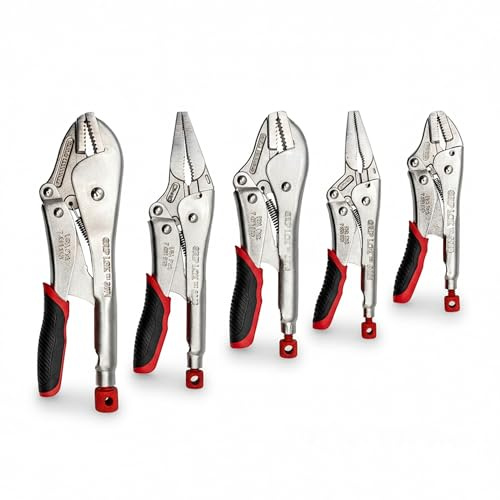 WELZH Grip-Lok Locking Plier Set 5pc Straight and Long Nose Pliers Adjustable Tension Quick Release Reinforced Jaws Durability Heavy Duty Multi Size Grips for Automotive Repair Garage Workshop 3072-WW