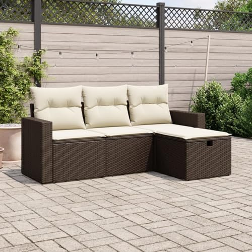 IKAYAA PolyRattan Lounge Balkon Lounge Gartenlounge Outdoor Rattan Gartenmöbel Set Balkonsofa Ecklounge Gartensofa Sofagarnitur -Braun und Creme-4-tlg