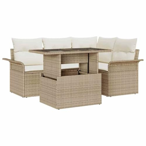 vidaXL 5-delat Trädgårdsoff set med kuddar Beige Poly Rottning Justerbara Fötter Och Handvävd Design För Stilfull Utomhusmöbel Sittmöbler Modulär Patio Sektion