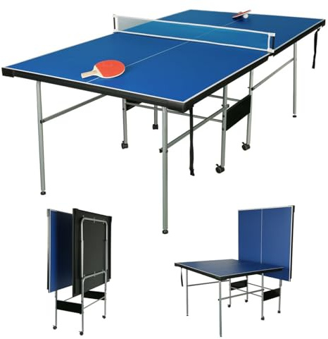 HLC Mid-Size Folding Table Tennis Table, Portable Ping Pong Table with Wheels & Net Set, Quick Setup Indoor Game Fun, Playback Mode - 81x45 Blue