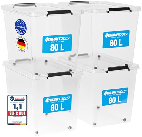 ATHLON TOOLS 4er Set 80l Aufbewahrungsboxen mit Deckel BPA-frei | Lebensmittelechte Aufbewahrungsbox mit Verschlussclips - 100% Neumaterial - Plastikbox transparent - Stapelbare Kunstoff Box