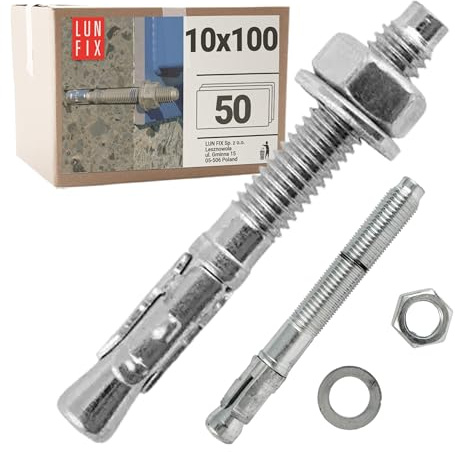 Boulons ancrage béton 10x100 50 pcs – Cheville molly acier zingué avec goujon, tige filetée, écrou, rondelle – Fixation charge lourde, vis béton, scellement chimique, Ancrage robuste Lun Fix