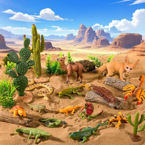 32-Pack Desert Animal Figures Toys Diorama Kit Cactus Lizard Scorpion | Realistic Animal Figurines with Cactus and Reptile Toys, Diorama Kits for School Projects, Cake Toppers & Desert Decor