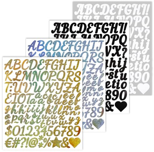 BINLINHONGO 384 Pcs Alphabet Number Stickers, 4 Sheets 1 Inch Self-Adhesive Vinyl Letter Sticker Decals for Scrapbooks, Crafts, Envelopes, Bottles, Greeting Cards - Black, White, Gold, Silver