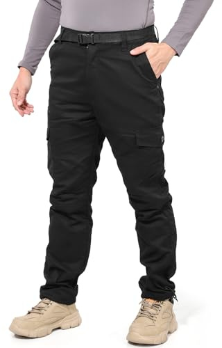 LY4U Fleecefodrade cargo-termobyxor för män, helt elastisk linning med bälteslingor, arbetsbyxor, justerbara ankelmuddar för vandring, camping, utomhus, vinter, svart, 3XL