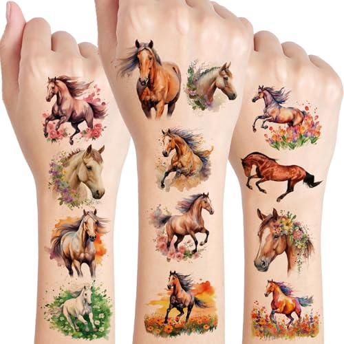 Pferde Temporäre Tattoos, 10 Blätter Wasserfarben Pferde für Mädchen Junge Körper Arm Schulter, Geburtstag Party Geschenk Kleine, Kinder Tattoos Hautfreundlich