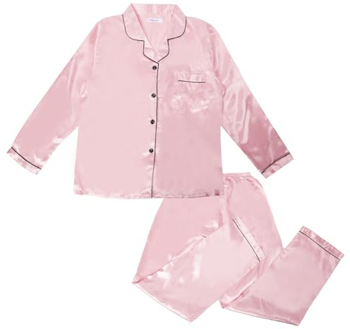 Risipu Set Pigiama in Seta per Bambini a Maniche Lunghe Ragazzi Ragazze Pigiami in Raso per Ragazze Pigiama in Seta per Bambini Morbido Abbigliamento da Riposo, rosa, 9-10 Years